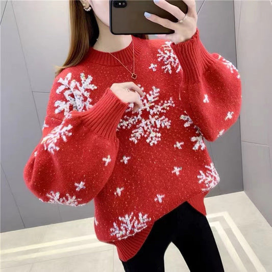 Women's knitted sweater with winter motif and puff sleeves NOVAE