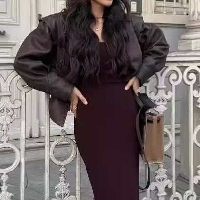 Women's stylish faux leather jacket with draping and adjustable belt NOVAE