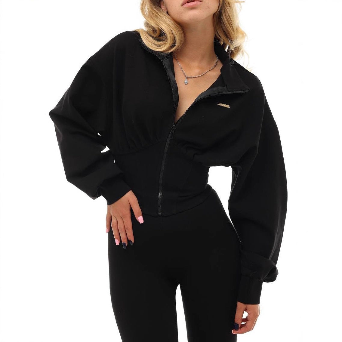 Women's cropped sweatshirt jacket with high collar and wide sleeves NOVAE