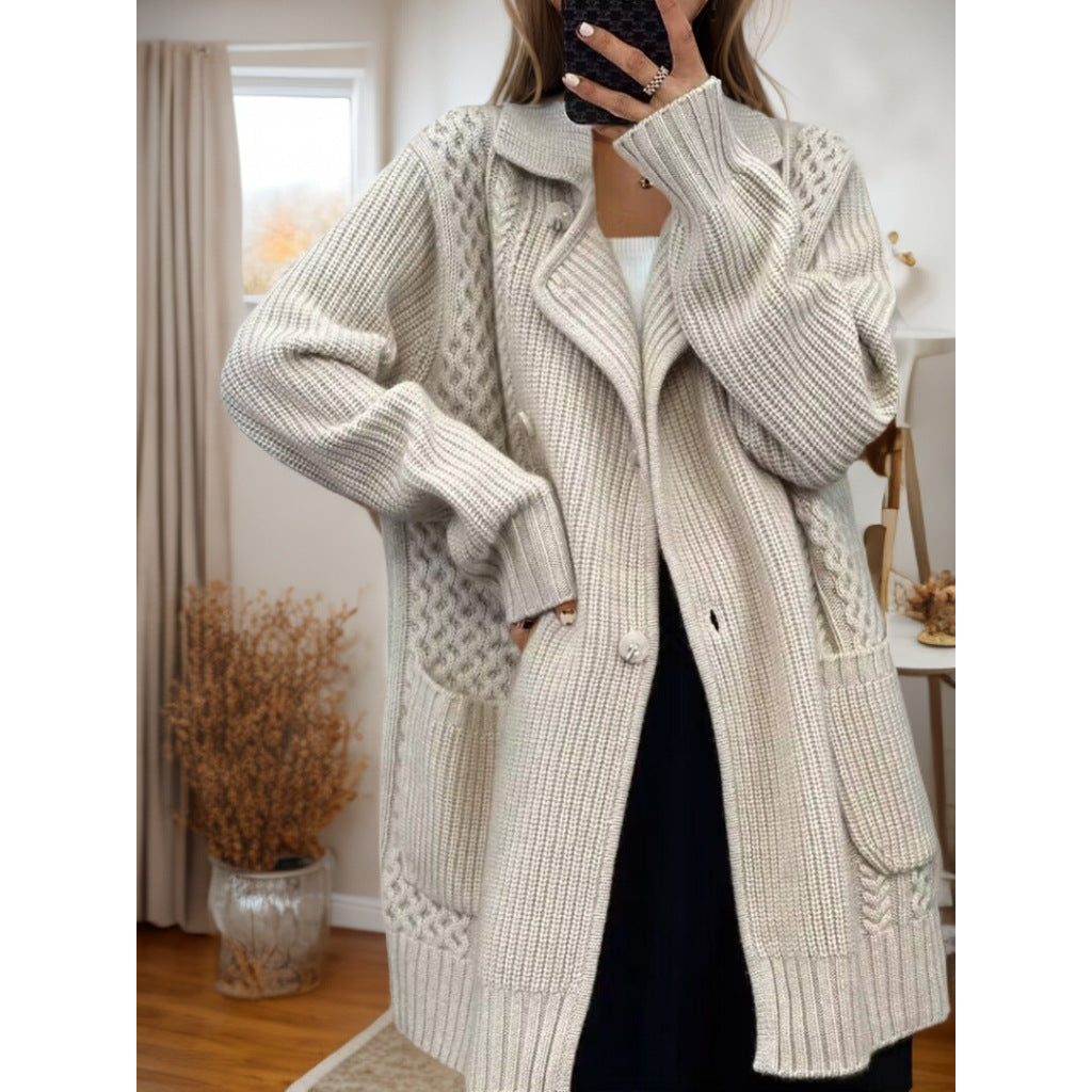 Women's cardigan with adjustable belt and structured cable knit pattern NOVAE