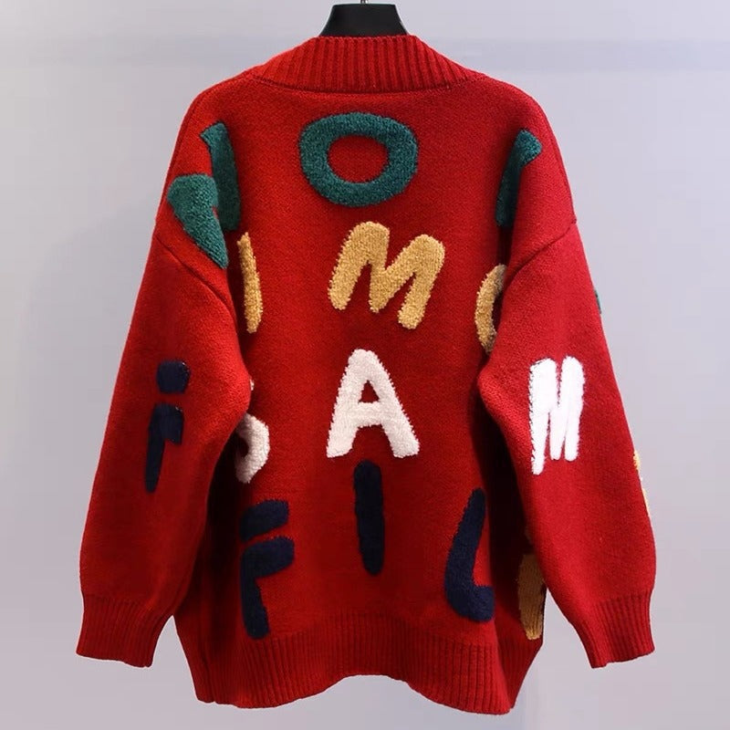 Women's chunky knit cardigan with creative appliqués and large pockets NOVAE