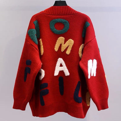 Women's chunky knit cardigan with creative appliqués and large pockets NOVAE