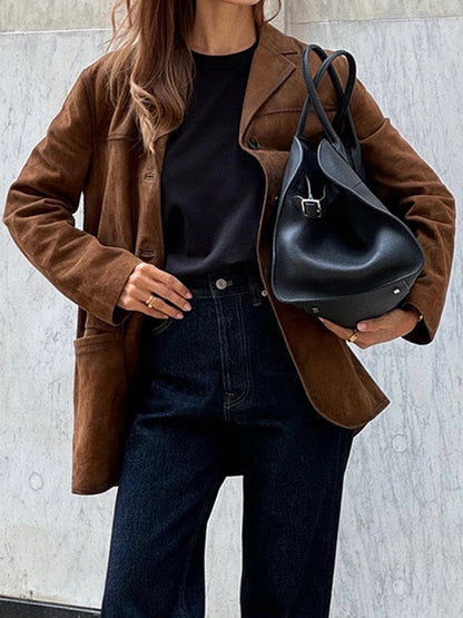 Women's Long Suede Coat with Adjustable Belt and Fashionable Collar NOVAE