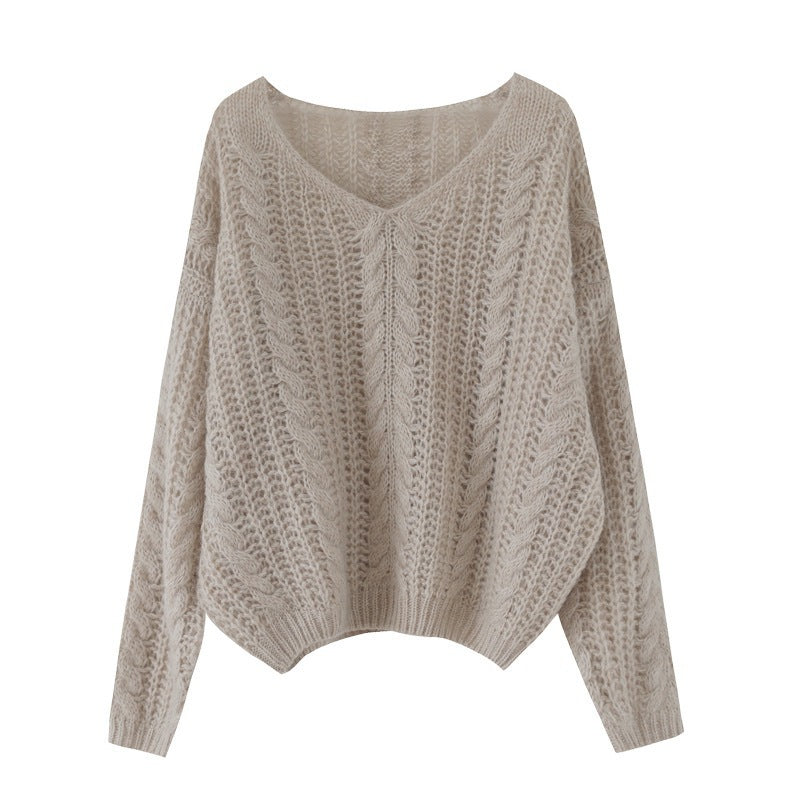 Women's chunky knit sweater with V-neck and airy structure NOVAE