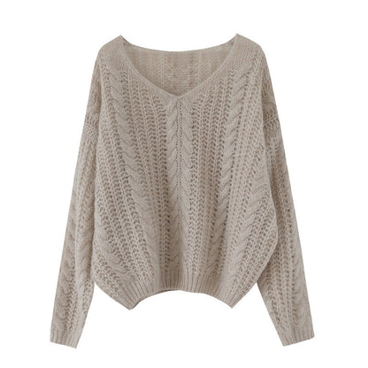 Women's chunky knit sweater with V-neck and airy structure NOVAE