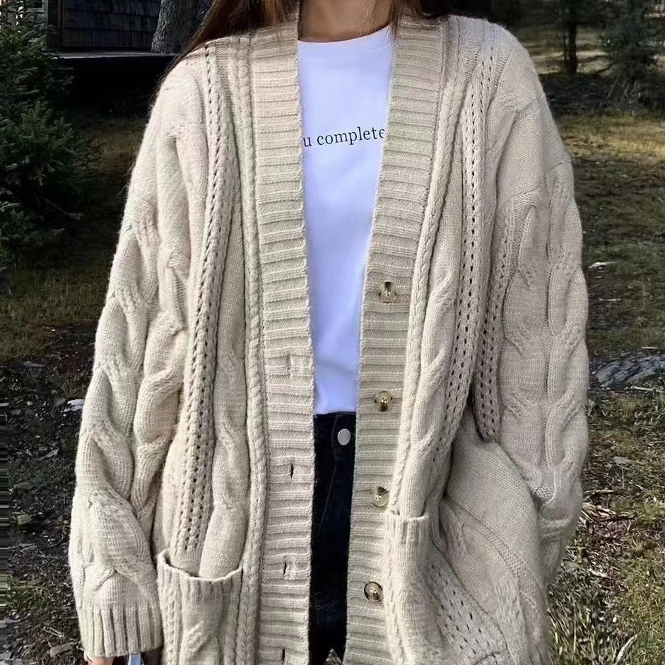 Women's knitted cardigan with deep V-neck and textured cable pattern NOVAE