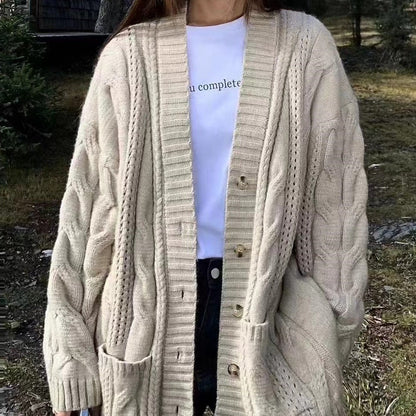 Women's knitted cardigan with deep V-neck and textured cable pattern NOVAE