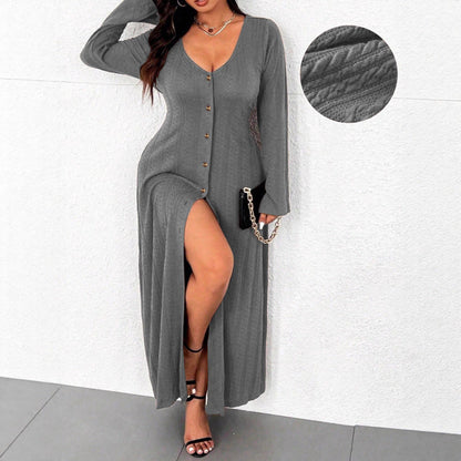 Women's maxi dress with button placket and elegant slit NOVAE