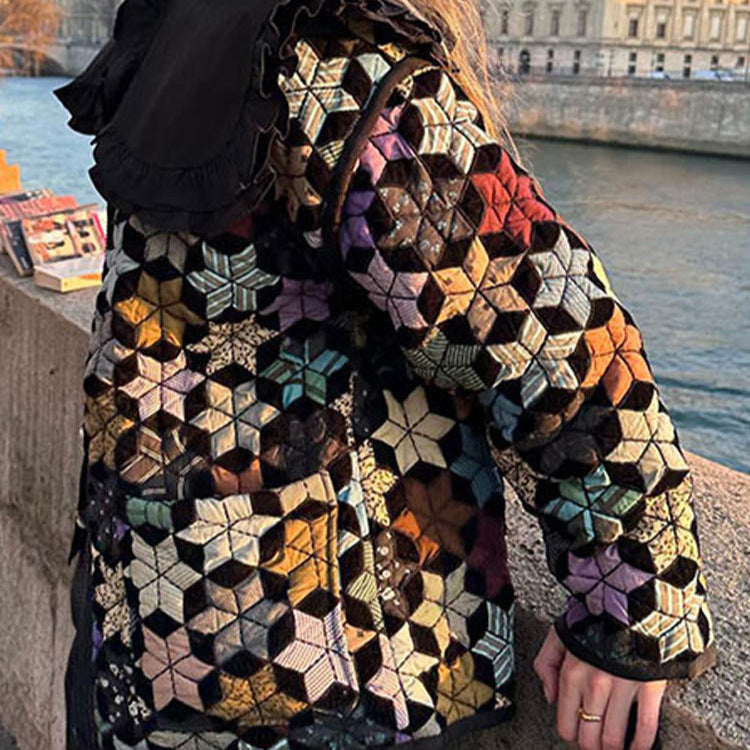 Women's transitional jacket with colorful geometric pattern and practical pockets NOVAE