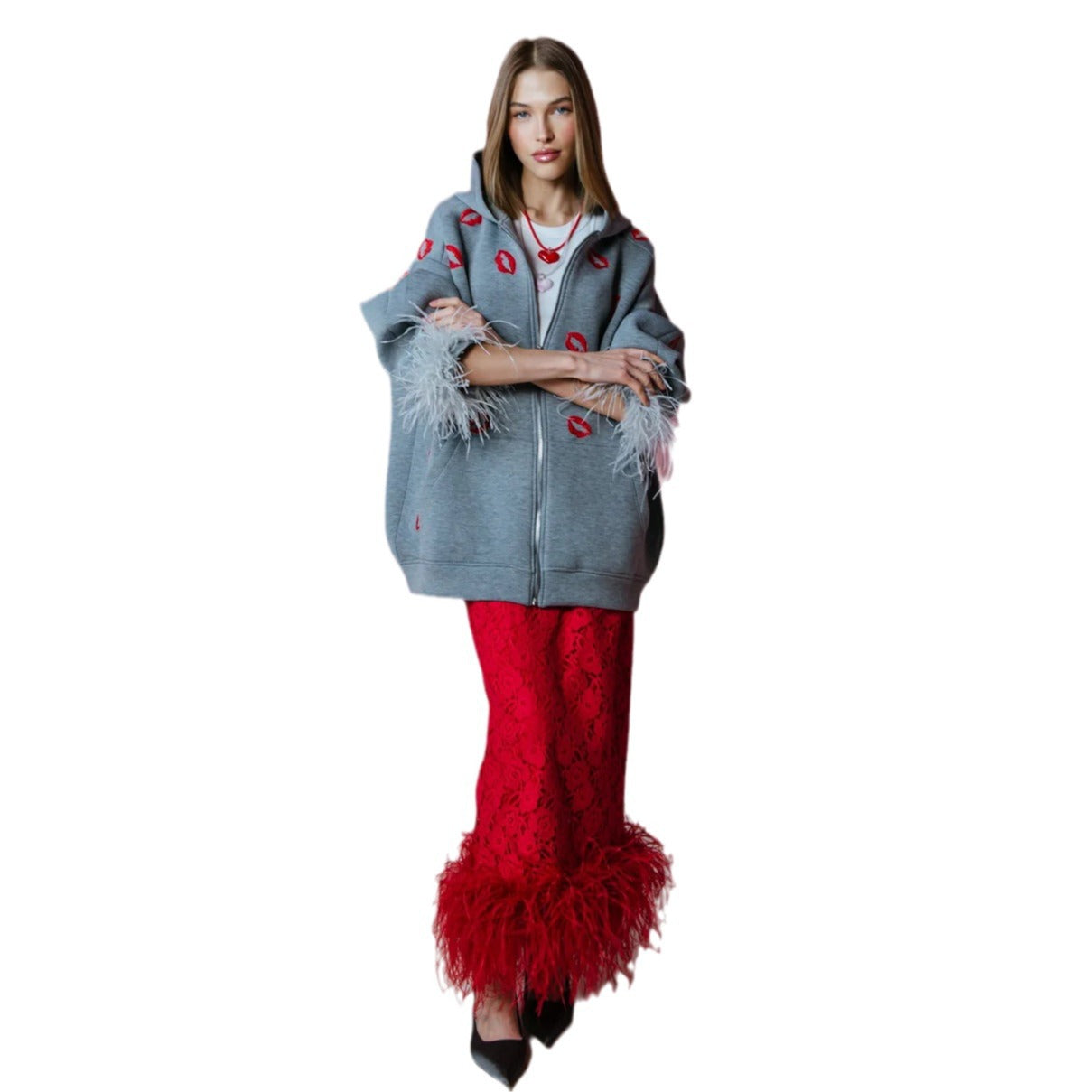 Women's hoodie with feathers and lip motif NOVAE
