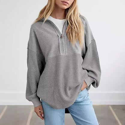 Women's casual hooded sweatshirt with half-length zipper and textured material NOVAE