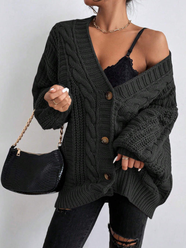 Women's chunky knit cardigan with wide sleeves and button details NOVAE