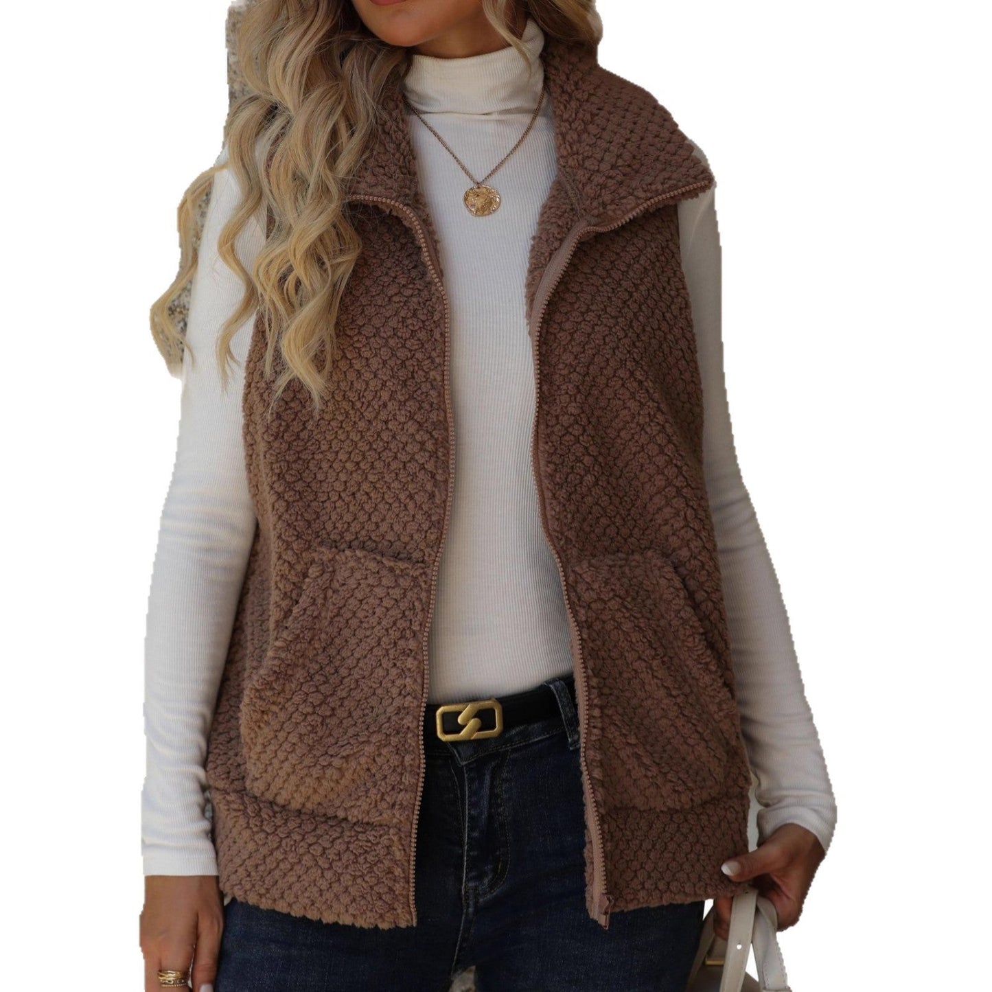 Women's plush vest with practical pockets and collar NOVAE