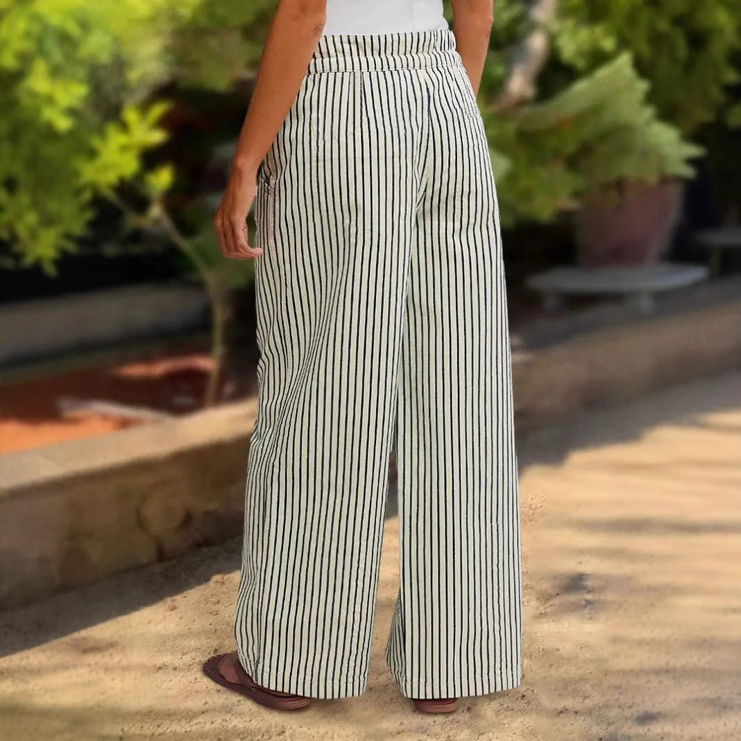 Women's Comfortable Beach Trousers with Casual Striped Pattern and Braided Waistband NOVAE