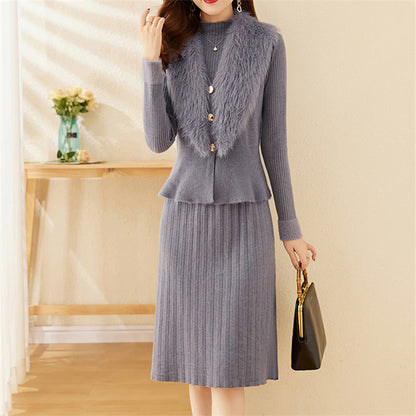 Women's elegant knitwear set with high-quality fur collar and fashionable ribbed texture NOVAE
