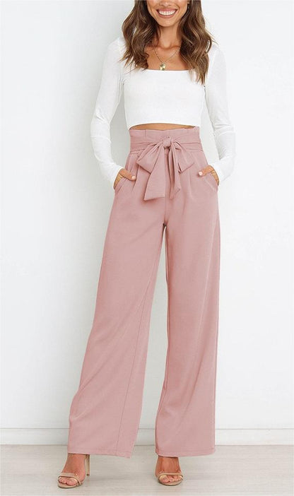 Women's wide-leg trousers with tie belt and elegant pockets NOVAE