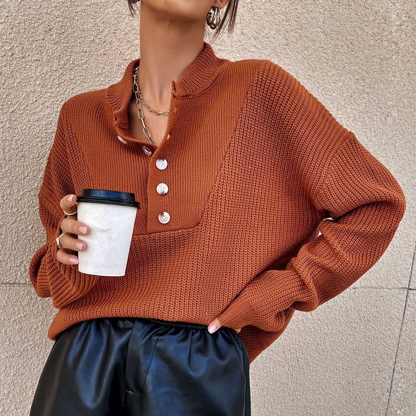 Women's knitted sweater with button placket and textured design NOVAE