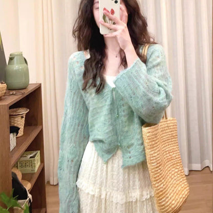 Women's airy knit cardigan with fine openwork pattern and wide cut NOVAE