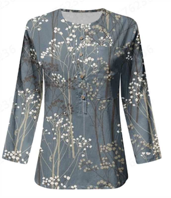 Women's Long Sleeve Blouse with Button Placket and Floral Pattern NOVAE