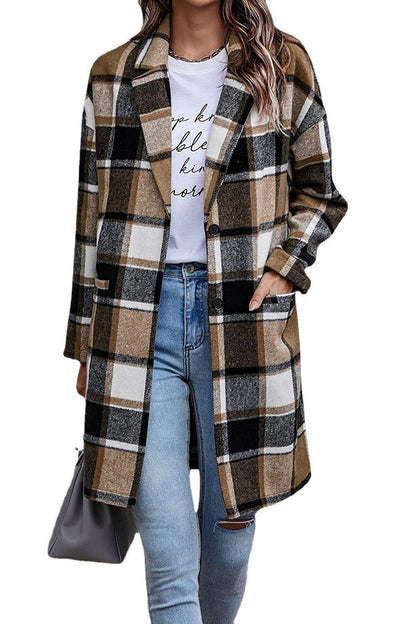 Women's Checked Oversized Coat with Stylish Pockets and Turn-Down Collar NOVAE