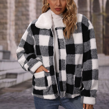 Women's Cozy Check Jacket with Asymmetrical Zipper NOVAE