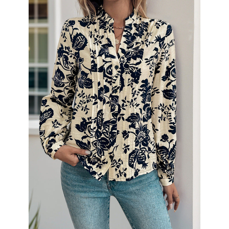 Women's blouse with floral motifs and elegant ruching NOVAE