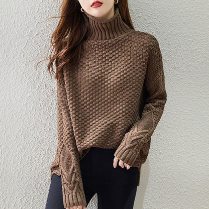 Women's chunky knit sweater with high collar and textured design NOVAE