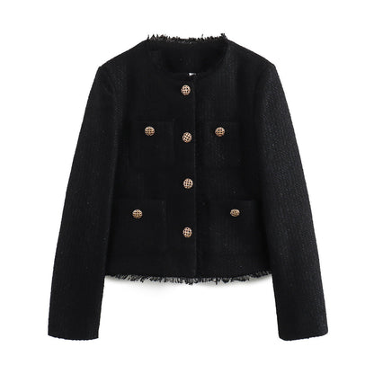 Women's elegant tweed jacket with fringe and decorative buttons NOVAE