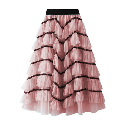 Women's fashionable tulle skirt with multi-layered ruffles and elegant lace accents NOVAE