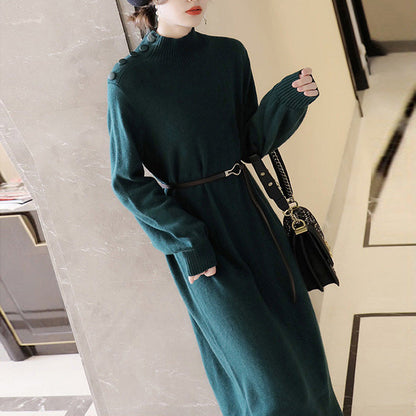 Women's Elegant Knit Maxi Dress with High Neck and Decorative Buttons NOVAE