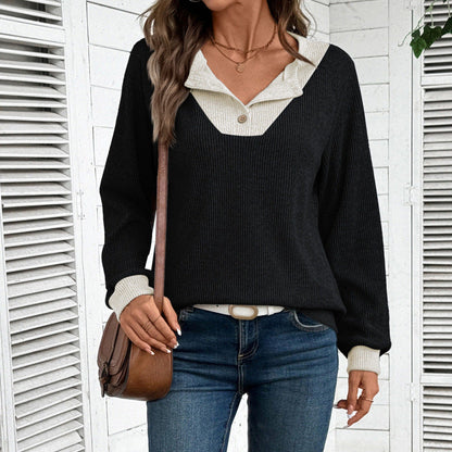 Women's casual long-sleeved sweater with shirt collar and decorative cut NOVAE