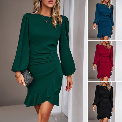 Women's Elegant Wrap Dress with Ruffle Details and Long Sleeves NOVAE