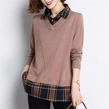 Women's layered knit sweater with V-neck and trendy shirt blouse NOVAE