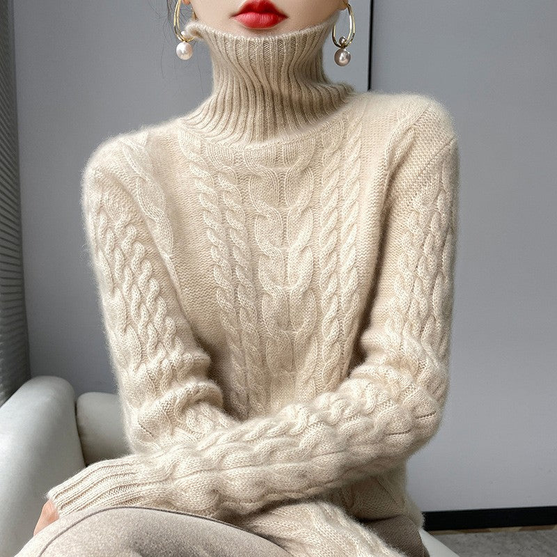Women's chunky knit sweater with high collar and textured cable pattern NOVAE
