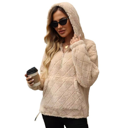 Women's Fluffy Hoodie with Stand-Up Collar and Kangaroo Pocket NOVAE