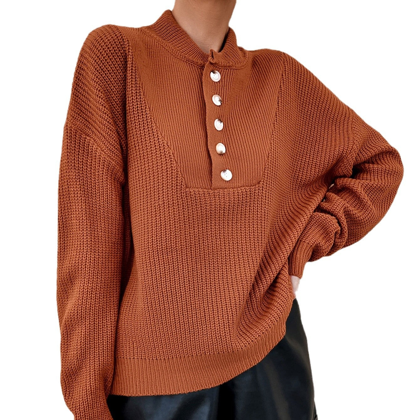 Women's knitted sweater with button placket and textured design NOVAE