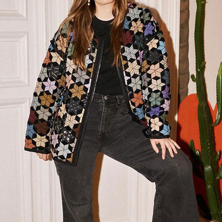 Women's transitional jacket with colorful geometric pattern and practical pockets NOVAE