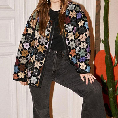Women's transitional jacket with colorful geometric pattern and practical pockets NOVAE