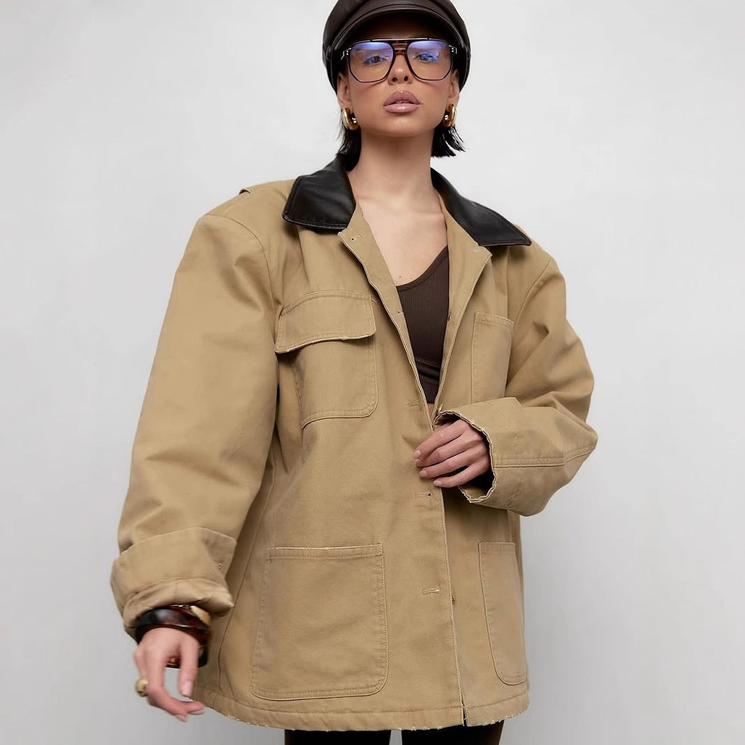 Women's casual oversized jacket with leather collar and practical pockets NOVAE