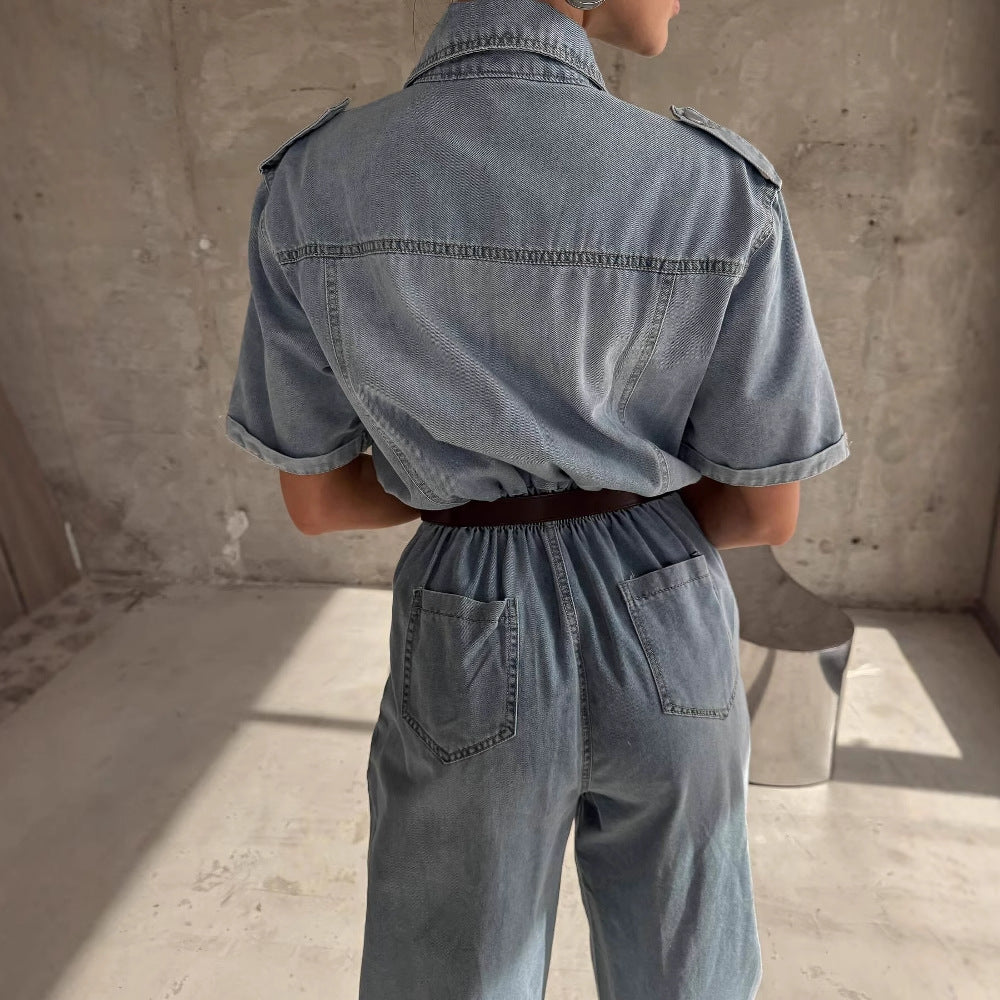 Women's denim jumpsuit with a fashionable cut and practical pockets NOVAE