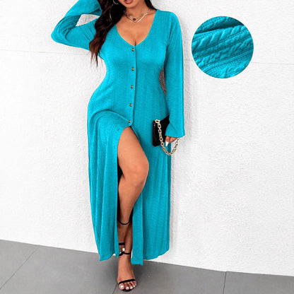 Women's maxi dress with button placket and elegant slit NOVAE