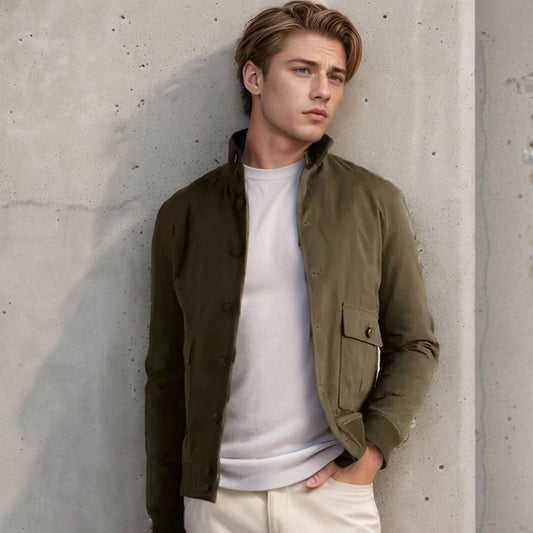 Men's elegant suede jacket with practical collar and patch pockets NOVAE