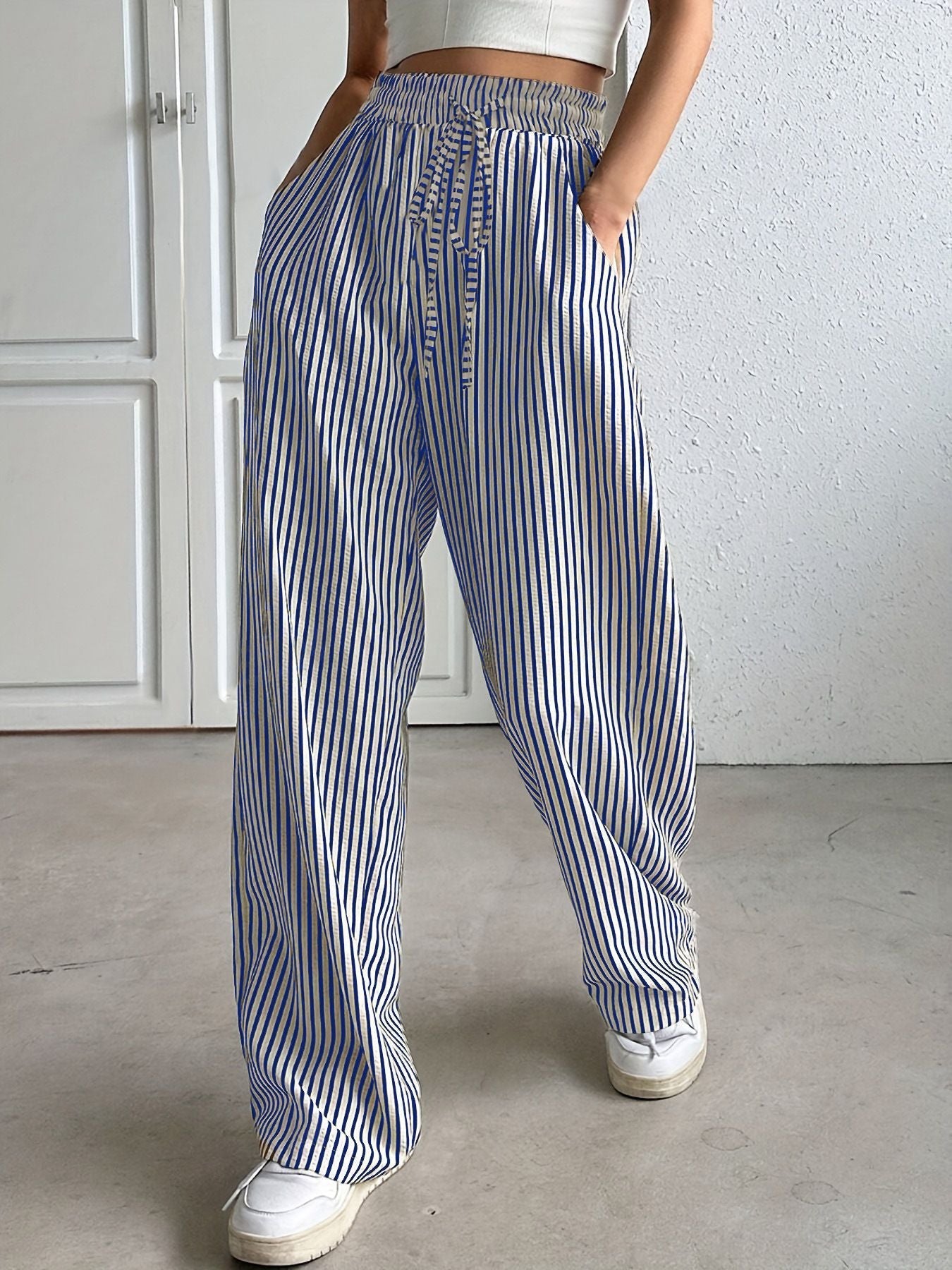 Women's wide-leg striped trousers with elasticated waistband and practical pockets NOVAE