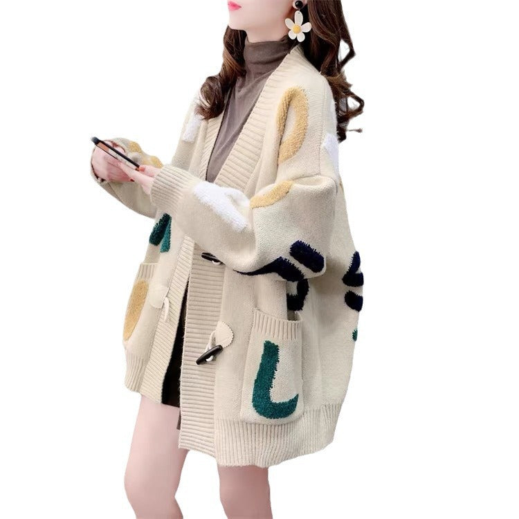 Women's chunky knit cardigan with creative appliqués and large pockets NOVAE