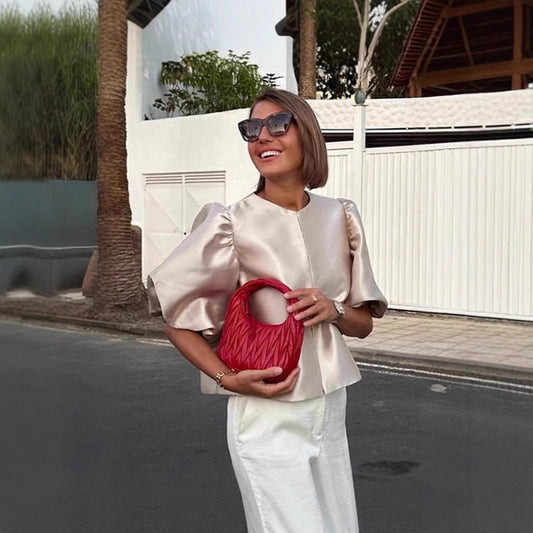 Women's Elegantly Cut Blouse with Puff Sleeves NOVAE