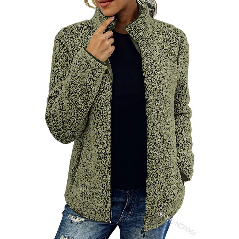 Women's fluffy fleece jacket with high collar and side pockets NOVAE