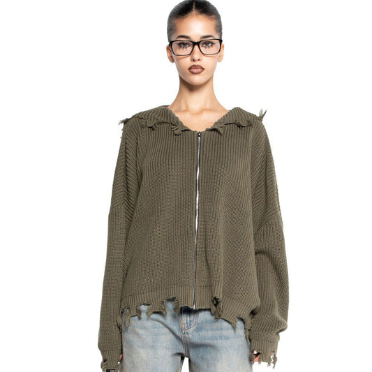 Women's casual hoodie with fashionable ripped design and wide sleeves NOVAE
