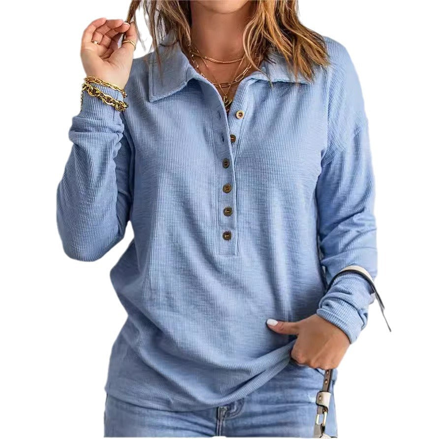 Women's long-sleeved blouse with buttoned collar and textured fabric NOVAE