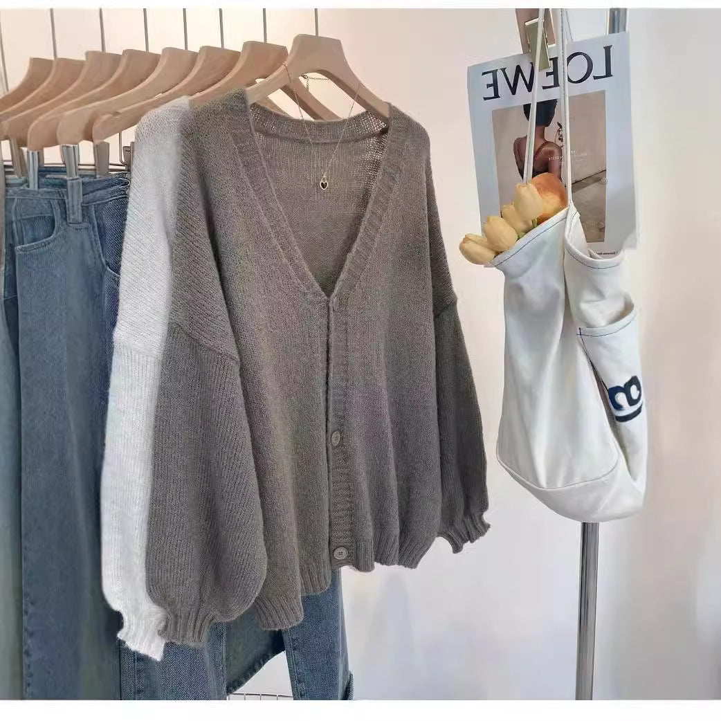 Women's Fluffy Knit Cardigan with Voluminous Sleeves and Button Details NOVAE