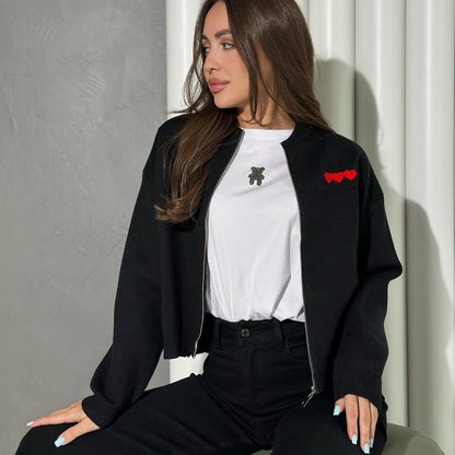 Women's casual short-sleeved cardigan with heart appliqués NOVAE